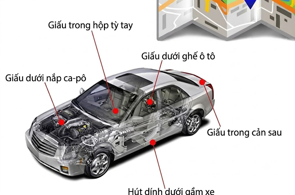 Sơ đồ các vị trí hay bị giấu thiết bị định vị trên ô tô